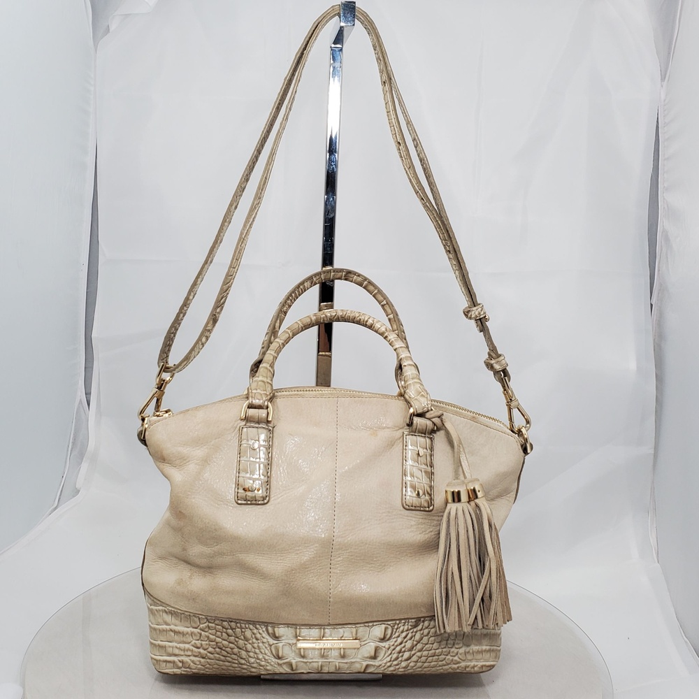 Worn Brahmin Duxburry Beige Leather Croc Satchel Bag Tassel Crossbody Strap